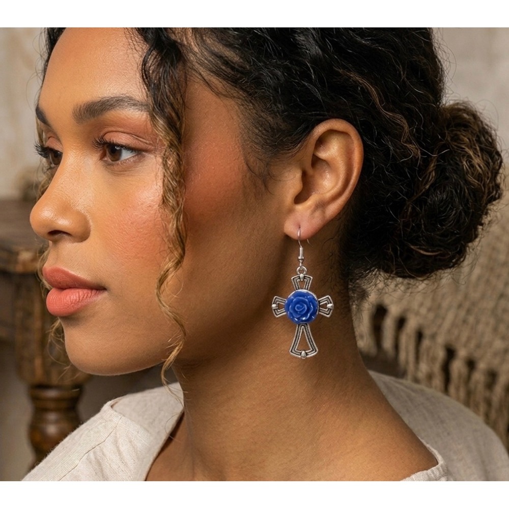 Silver‎ Tone Blue Resin Rose Cross Dangle Earrings Gothic Boho Religious NEW